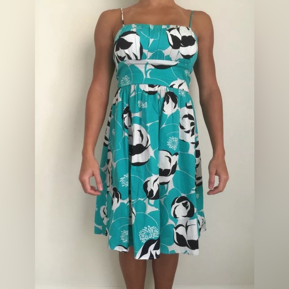 As U Wish Size 7 Floral Green Black White Sun Dress AUW Juniors Medium